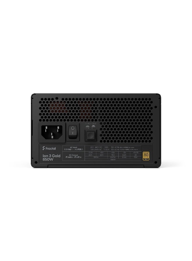 فراكتال ديزاين مزود طاقة Ion 3 Gold بقدرة 850 واط، معياري بالكامل، ATX 12V 3.1، كفاءة 80 PLUS Gold، جاهز لـ PCIe Gen5، كابلات مسطحة فائقة المرونة، تبريد شبه سلبي بدون دوران في الدقيقة، مكثفات يابانية تتحمل 105 درجة مئوية، مروحة Momentum مقاس 14 سم، حماية متعددة، أسود | FD-P-IA3G-850 - Image 3